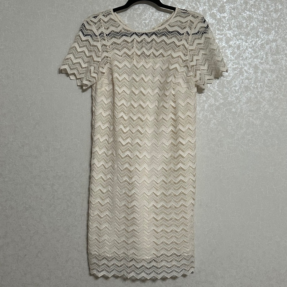 Ann Taylor LOFT Chevron Crochet Lace Shift Dress Ivory Cream Textured Cocktail 4